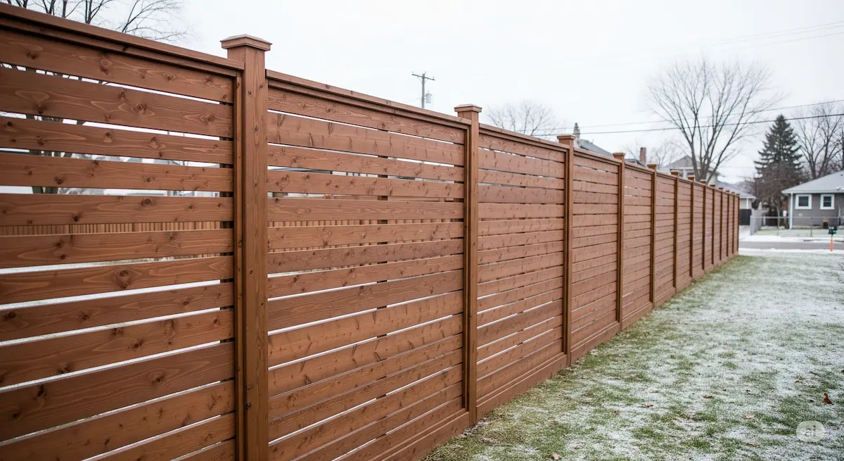 Durable dark brown cedar fence in a Buffalo neighborhood, designed for low maintenance and resistance to harsh weather.