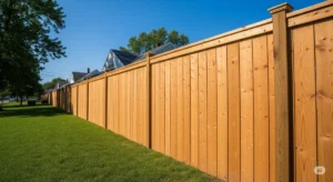 A high-quality, professional photograph of a newly installed wooden fence in a residential neighborhood in Buffalo, NY, during a sunny day. The fence is tall and sturdy, providing a sense of security and privacy. The image is focused on the fence, which is painted a natural brown, showcasing the craftsmanship and high quality of the installation. In the background, a vibrant green lawn and a blue sky create a tranquil atmosphere. The image uses a wide-angle lens to capture the fence's length, demonstrating the scale of the project and highlighting its visual impact on the property. In the background, a house is shown from the front, but the focus is on the fence.
