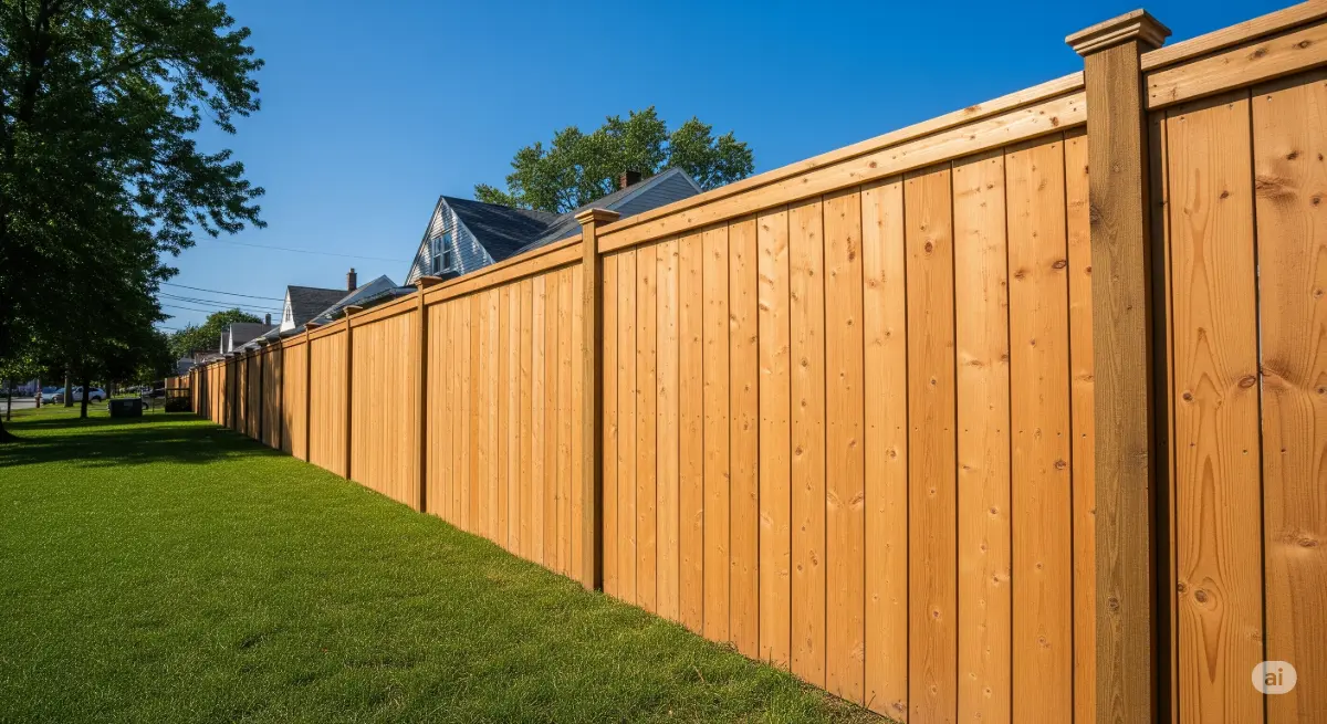 A high-quality, professional photograph of a newly installed wooden fence in a residential neighborhood in Buffalo, NY, during a sunny day. The fence is tall and sturdy, providing a sense of security and privacy. The image is focused on the fence, which is painted a natural brown, showcasing the craftsmanship and high quality of the installation. In the background, a vibrant green lawn and a blue sky create a tranquil atmosphere. The image uses a wide-angle lens to capture the fence's length, demonstrating the scale of the project and highlighting its visual impact on the property. In the background, a house is shown from the front, but the focus is on the fence.