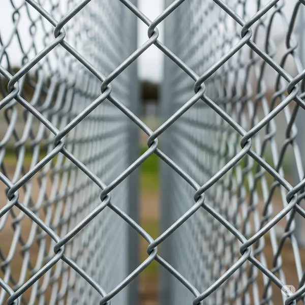 Close-up of galvanized chain link fencing, showcasing the diamond pattern of the wire mesh.