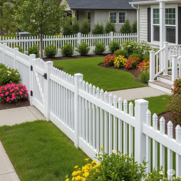 A high-quality, professional photograph showcasing a classic, white picket fence surrounding a charming residential property. The fence features a traditional design with closely spaced, pointed pickets, adding a touch of elegance to the landscape. Lush green grass stretches towards the fence, while colorful flowerbeds flank the edges, adding a vibrant pop of color. The fence provides a sense of security and privacy while seamlessly blending with the surrounding environment. Captured in natural daylight, the image portrays a tranquil and inviting atmosphere, with a gentle, soft glow highlighting the fence's details. The overall style is reminiscent of a serene suburban neighborhood, with an emphasis on the fence's role in defining the property's boundaries and enhancing its curb appeal.