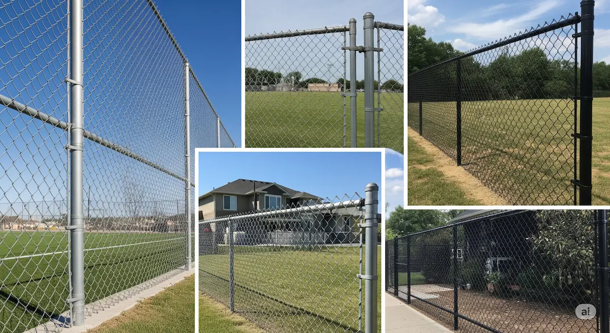 Variety of chain link fences in different colors and sizes, showcasing their use in residential and commercial settings.