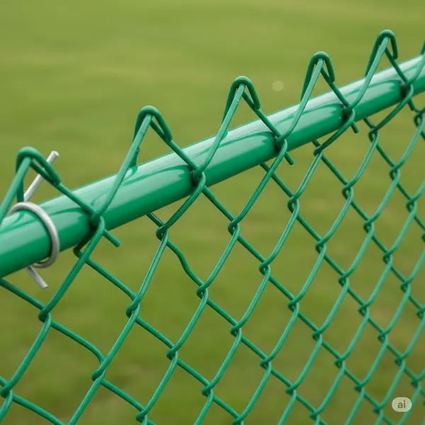 Close-up of green vinyl-coated chain link fencing, showing the smooth texture of the coating.