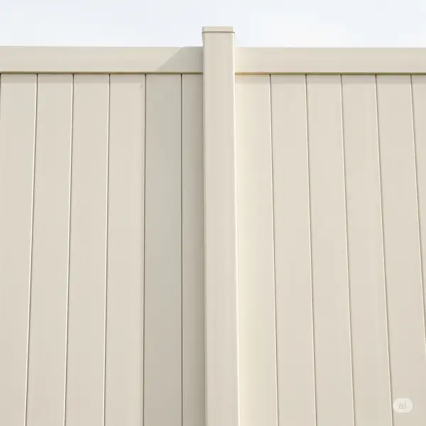 Close-up of a cream-colored vinyl privacy fence with vertical slats.