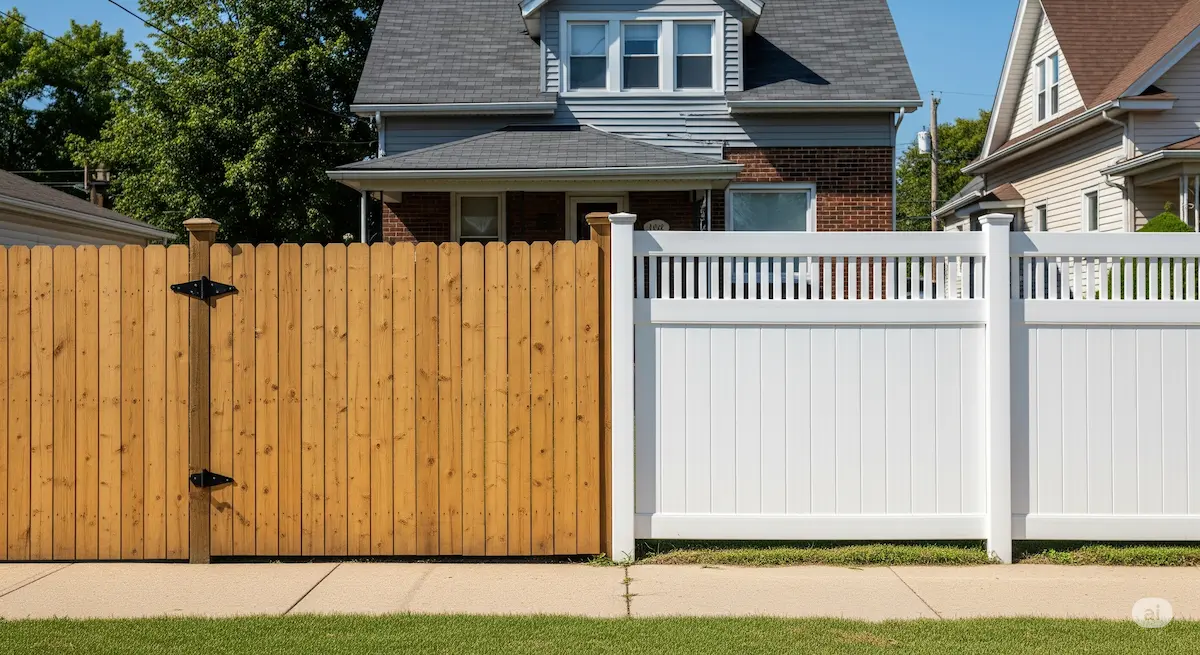 Split image showcasing a wooden fence on the left and a white vinyl fence on the right in front of residential homes. Represents the choice between wood and vinyl fencing.