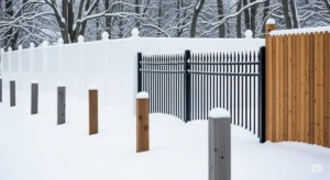 Variety of fence styles in a snowy Buffalo landscape, showcasing options for winter conditions.