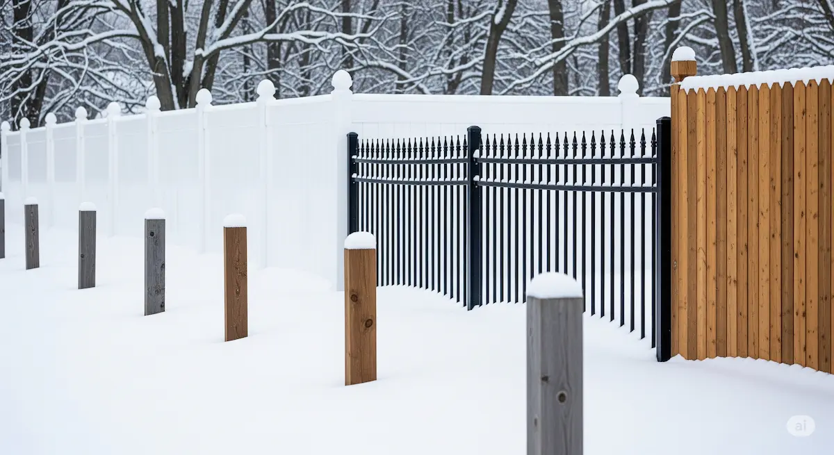 Variety of fence styles in a snowy Buffalo landscape, showcasing options for winter conditions.