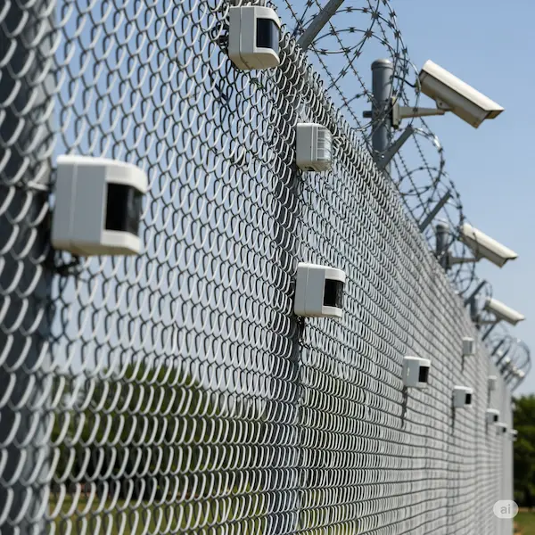 Chain link fence with security enhancements including razor wire, motion sensor lights, and surveillance cameras.