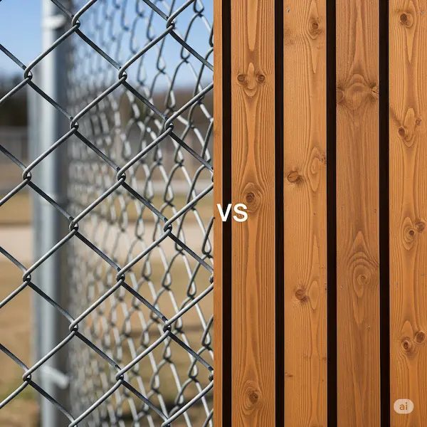 Comparison image of a chain link fence and a traditional wooden fence, highlighting their distinct textures and visual aesthetics.