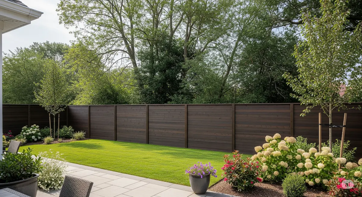 Tall, dark-stained wood privacy fence in a modern backyard, emphasizing seclusion and security.