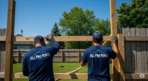 Fence installers with the "All Pro Fence" logo on their outfits working on a partially finished wooden fence in Buffalo, NY.