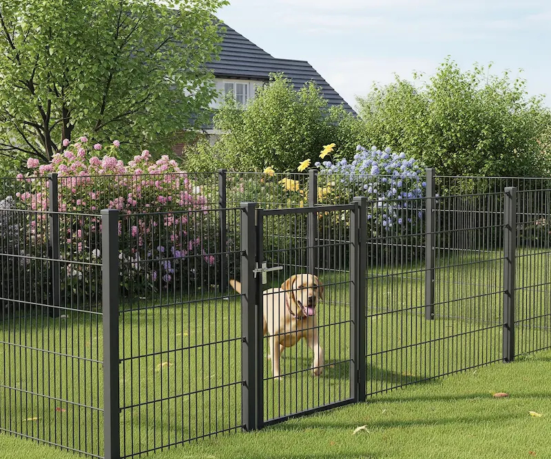 Dog-safe fence in a residential setting, designed to prevent dogs from slipping through or jumping over.