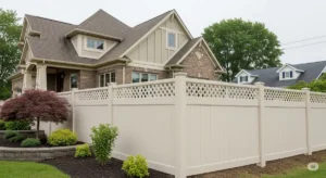 Buffalo-style house with a newly installed vinyl fence, emphasizing its style and color.