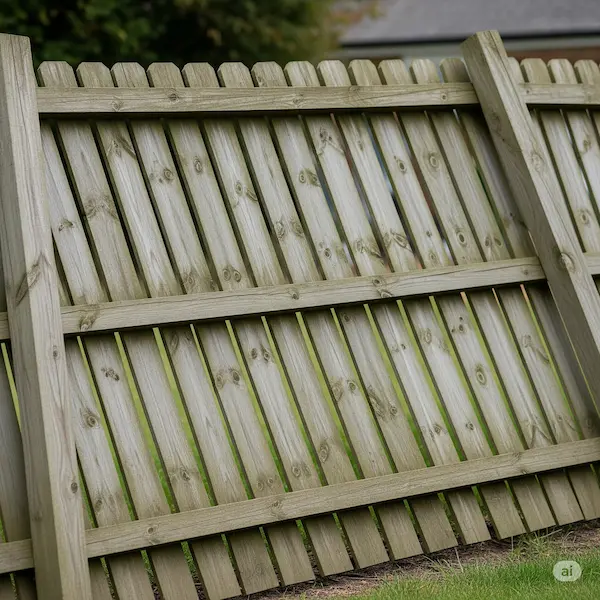 Leaning and sagging wooden fence.