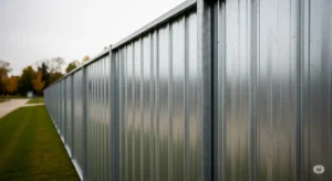 Galvanized fence panels in a residential or park setting, emphasizing strength and durability.