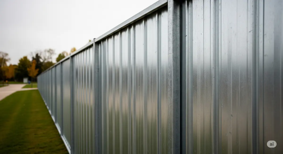 Galvanized fence panels in a residential or park setting, emphasizing strength and durability.