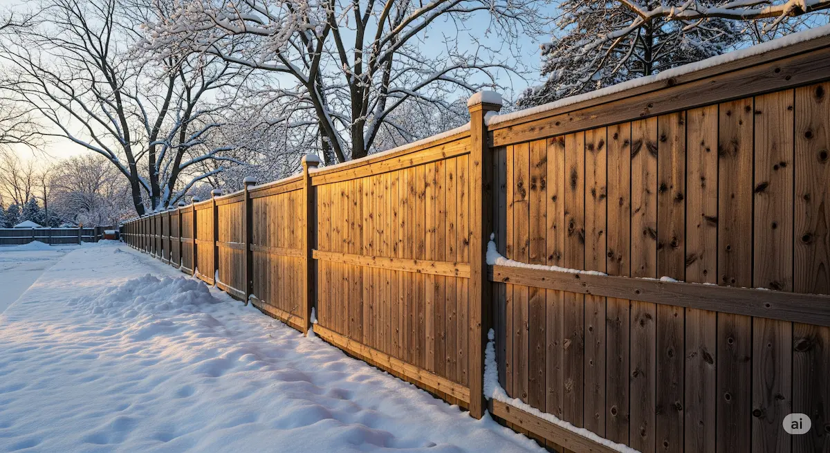 Sturdy, well-maintained wooden fence in a snowy Buffalo landscape.