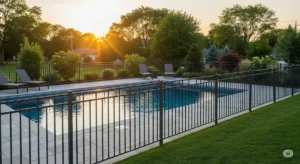 Modern pool with a sleek, dark-grey aluminum pool fence in Buffalo, NY.