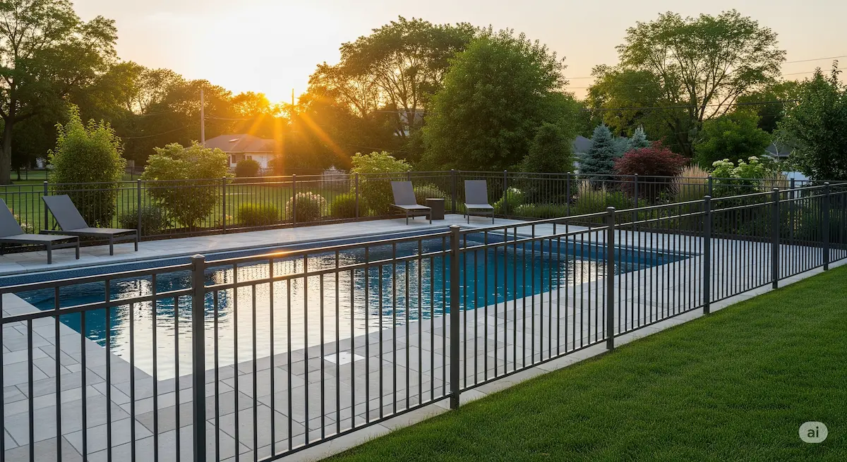 Modern pool with a sleek, dark-grey aluminum pool fence in Buffalo, NY.