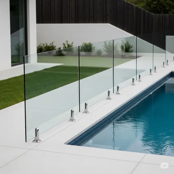 Modern, sleek pool fence made of glass panels, offering a clear view of the pool area.