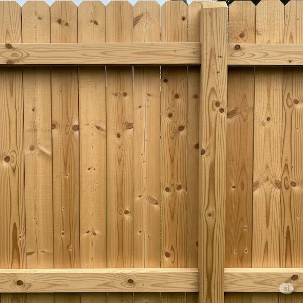 Close-up of a pressure-treated wood fence, highlighting the texture and grain of the wood.