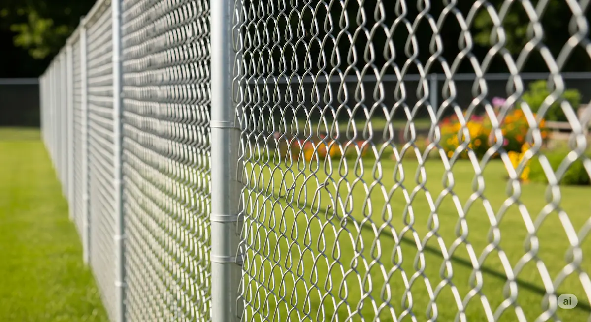 Freshly installed chain link fence in a backyard or park setting, showcasing its clean lines and functionality.