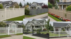Variety of fence styles enhancing the curb appeal of different homes, showcasing traditional and modern designs.
