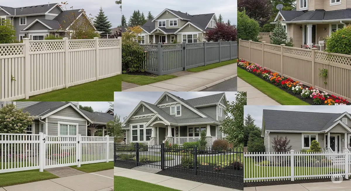 Variety of fence styles enhancing the curb appeal of different homes, showcasing traditional and modern designs.