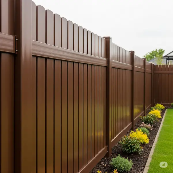 Close-up of a tall, deep brown vinyl privacy and security fence in a garden setting.