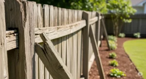 Dilapidated fence section with warped and cracked wood, contrasting with a freshly landscaped background.