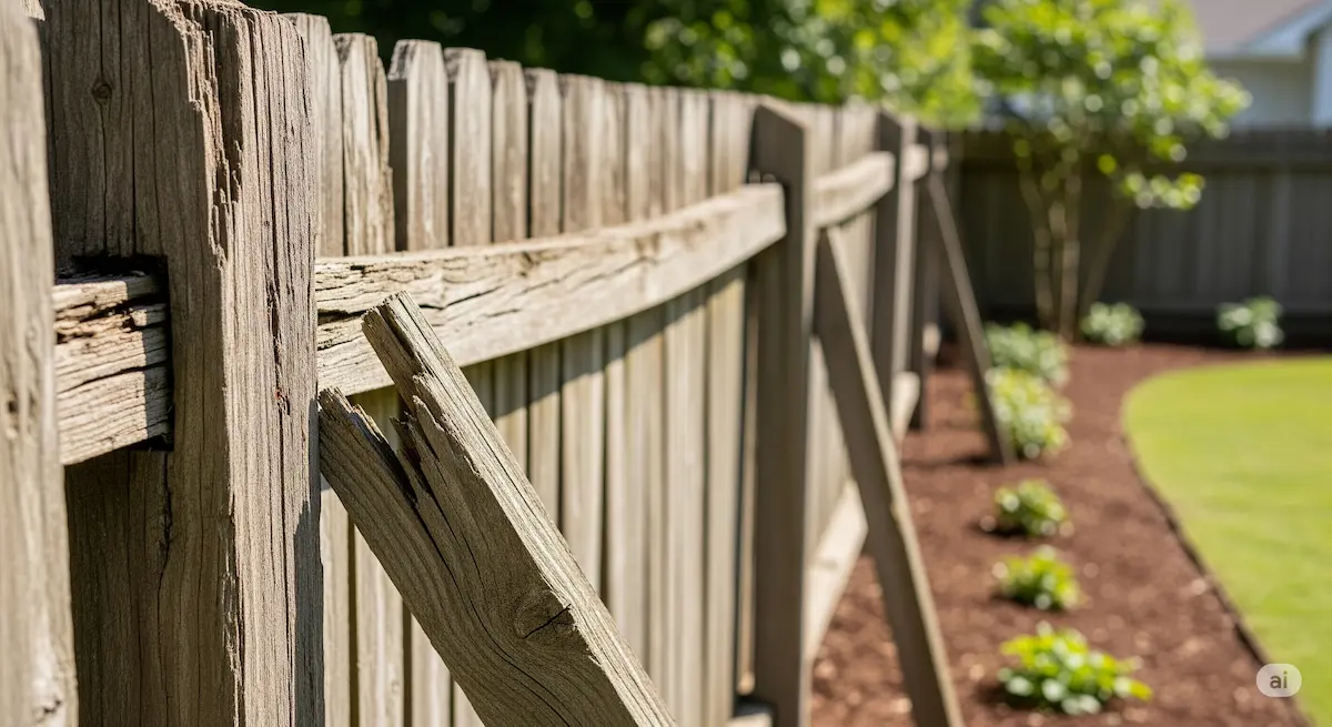 Dilapidated fence section with warped and cracked wood, contrasting with a freshly landscaped background.