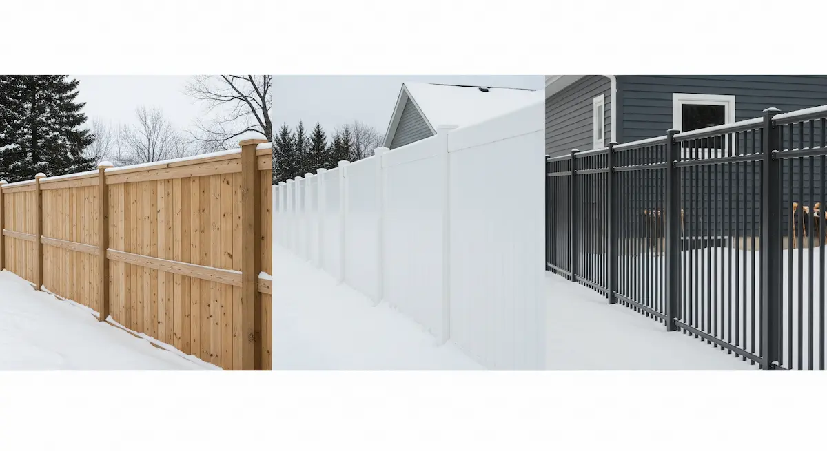 Panoramic view showcasing wood, vinyl, and aluminum fences in a snowy Buffalo landscape.