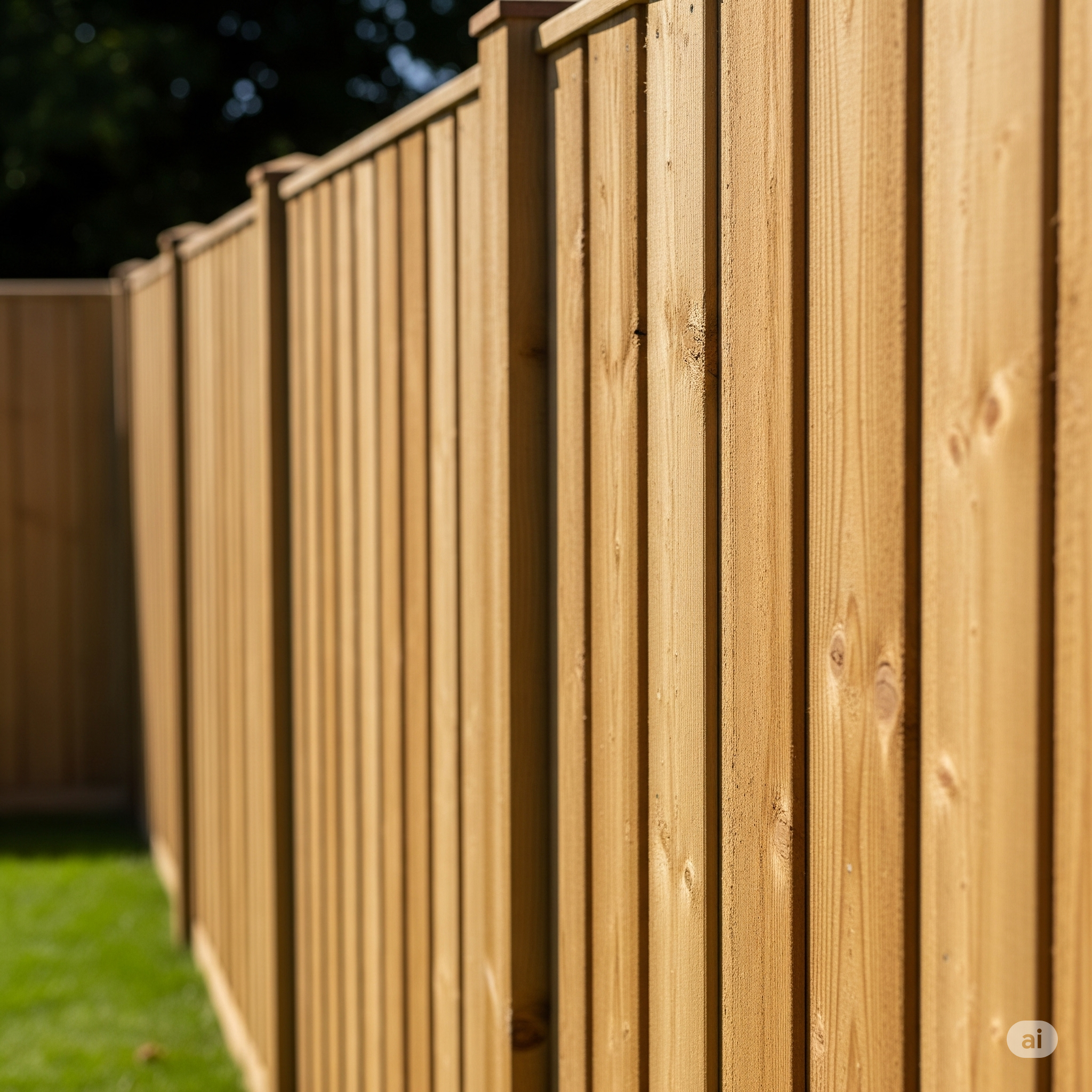 Close-up of a newly built, light brown wood fence with a natural, matte finish.