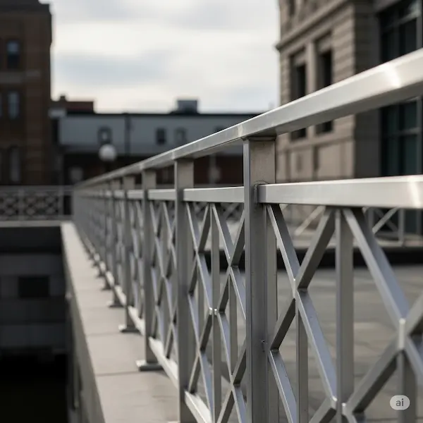 A close-up of stylish aluminum railings with a geometric pattern, set against an urban background in Buffalo, NY.