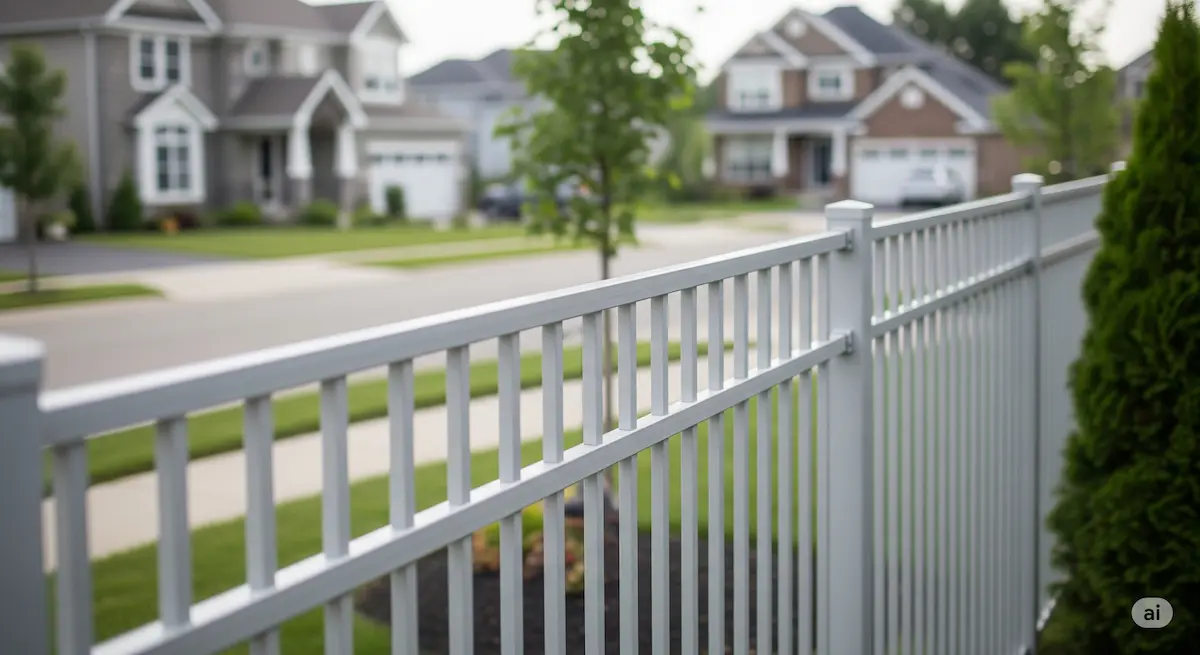 A newly installed aluminum fence with a classic silver finish in a Buffalo neighborhood.