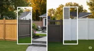 A professionally captured image showcasing various privacy fence styles, including wood, composite, and vinyl, in a residential setting.
