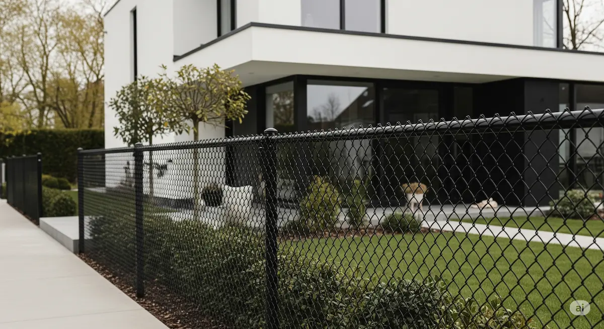 A modern home with a black chain link fence in a residential setting.