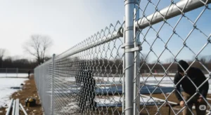 Newly installed chain link fence with a person working on it in a snowy, outdoor setting.