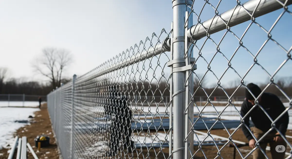Newly installed chain link fence with a person working on it in a snowy, outdoor setting.