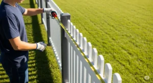 A person holding a tape measure near a newly installed fence, illustrating how to measure linear feet for a fence.