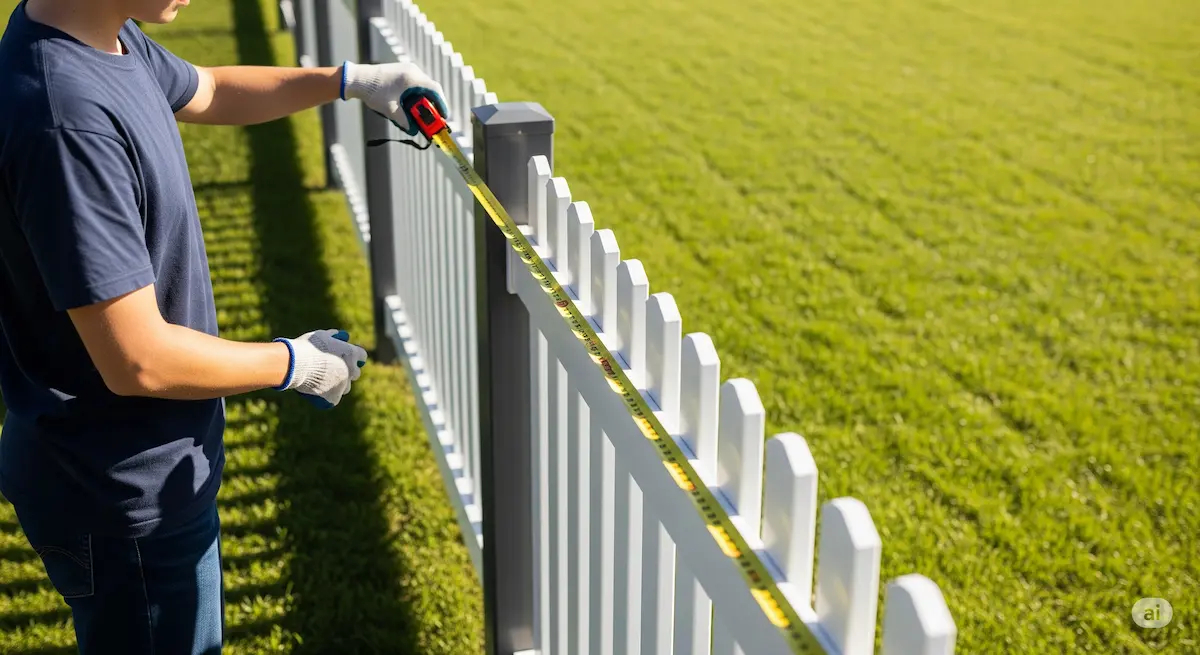 A person holding a tape measure near a newly installed fence, illustrating how to measure linear feet for a fence.