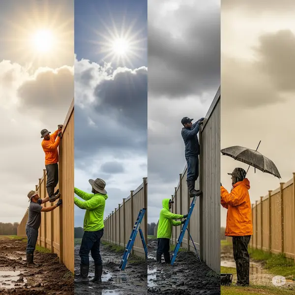 Fence installation in progress amidst varying weather conditions (not winter), showing challenges like muddy ground and workers wearing protective gear.