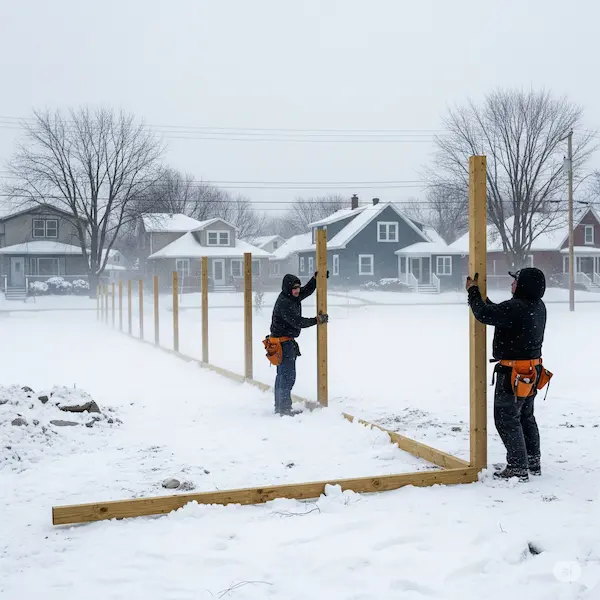 Fence installation in progress amidst a snowy Buffalo landscape.