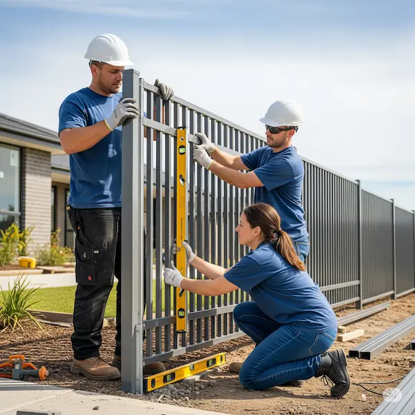 Two workers installing an aluminum fence, securing a section to a post and using a level for alignment.