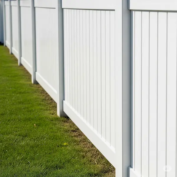 A section of pristine white PVC fencing against a lush green lawn.