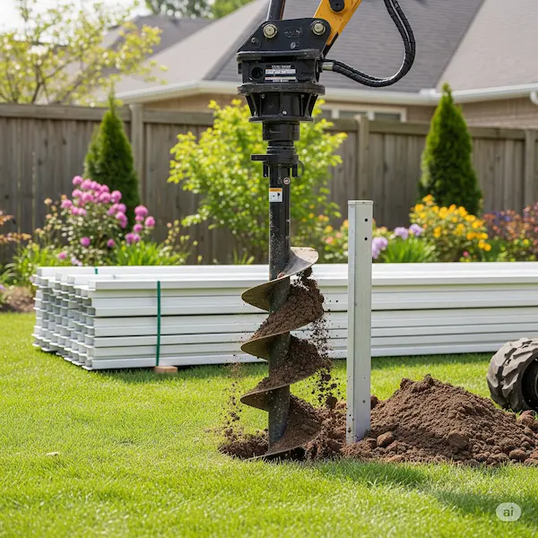 A close-up of a post-hole digger creating a hole in a green lawn, with stacks of aluminum fence panels in the background.