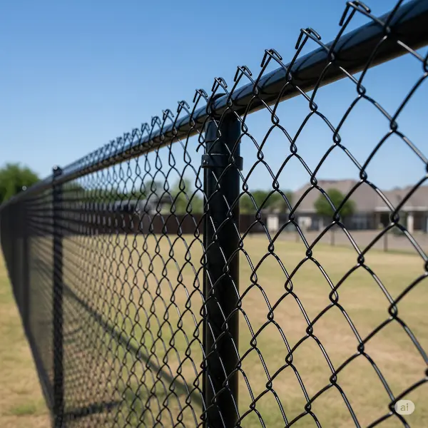 A close-up of a residential black chain link fence with a house in the background.