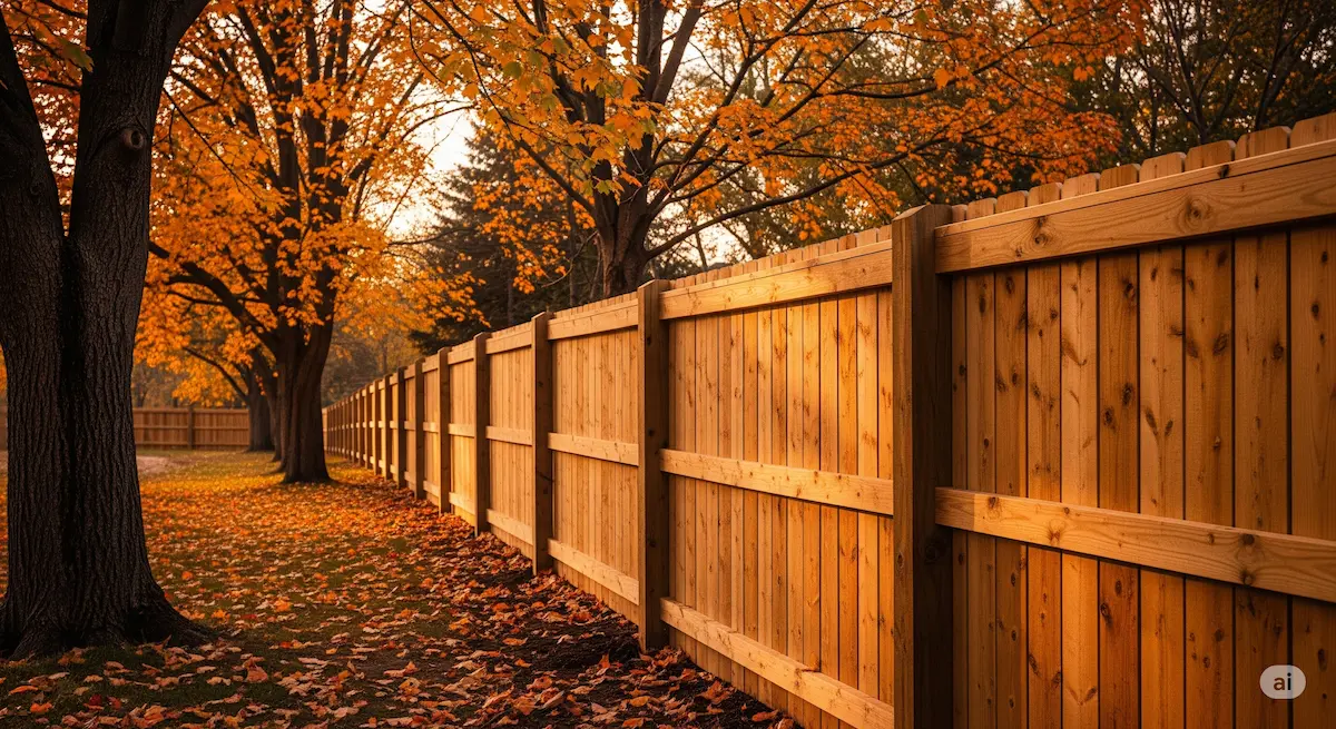 A vibrant autumn scene with a newly installed wooden fence.