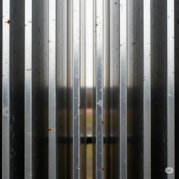A close-up of a steel fence, showing its vertical bars and subtle weathering.
