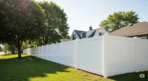 A recently installed white vinyl fence in a Buffalo, NY residential setting.